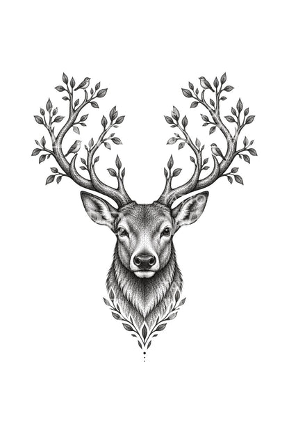 Dotwork tetování jelení hlavy s větvemi zpěvných ptáků