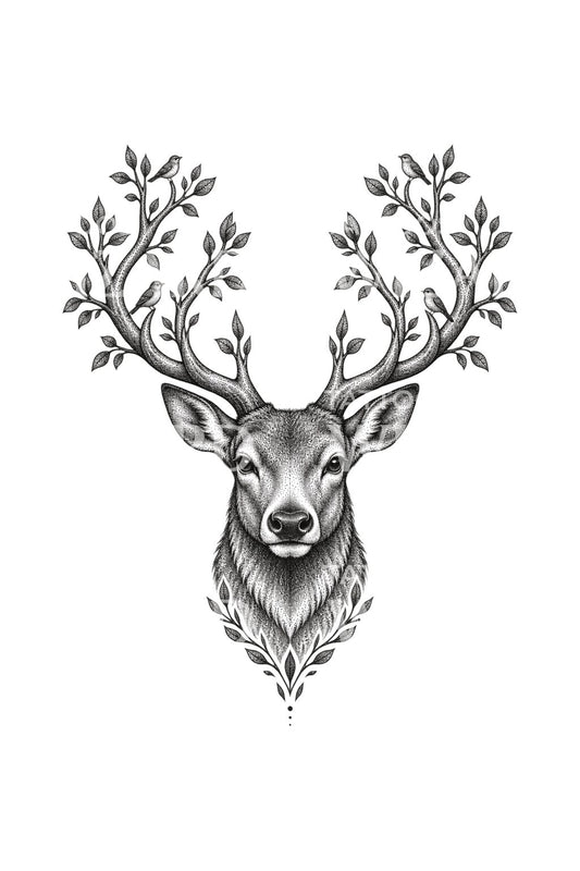 Deer Head with Songbird Branches Dotwork Tattoo Design