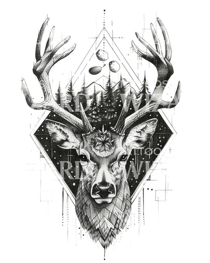 Deer Landscape Geometry Tattoo Design