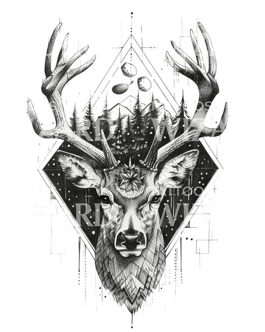 Deer Landscape Geometry Tattoo Design