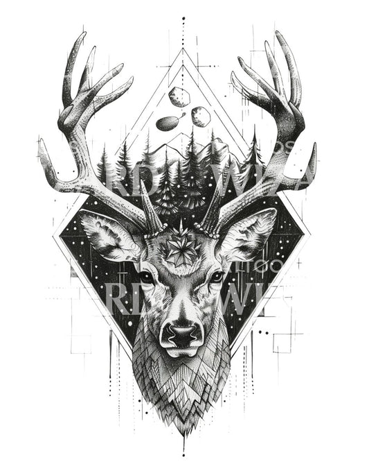 Hirsch Landschaft Geometrie Tattoo Design