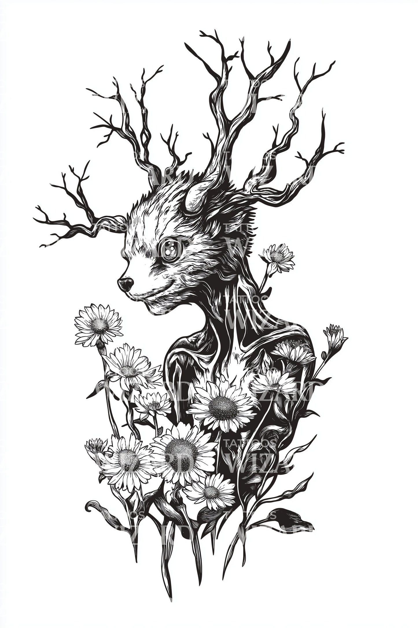 Diseño de tatuaje floral de cráneo de ciervo