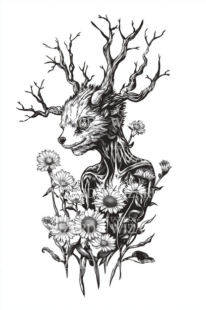 Diseño de tatuaje floral de cráneo de ciervo