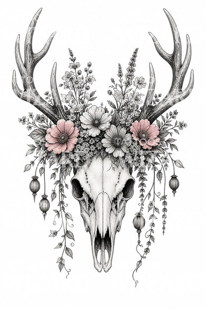 Deer Skull Wildflower Crown Tattoo Design