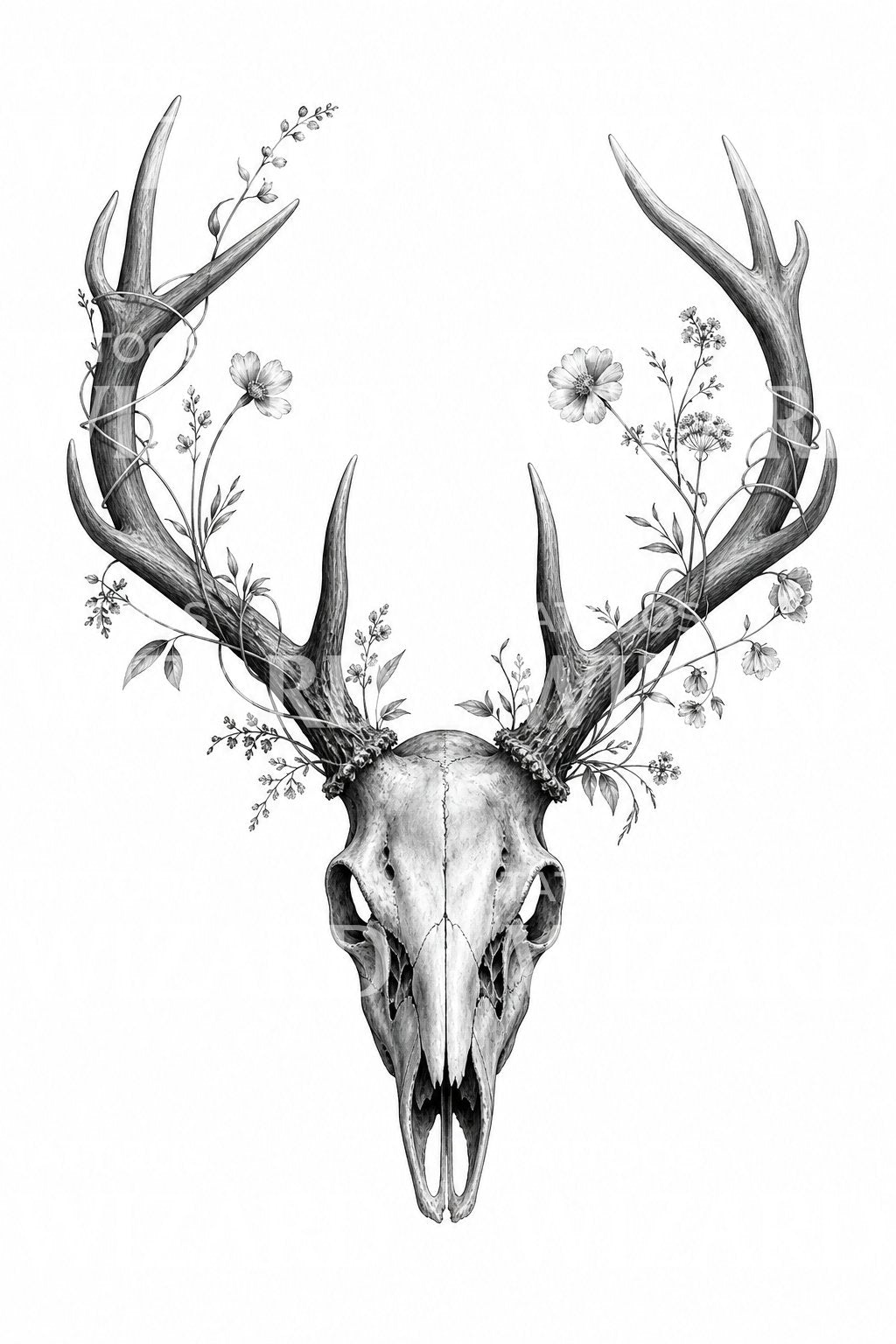 Deer Skull with Wildflowers Tattoo Design
