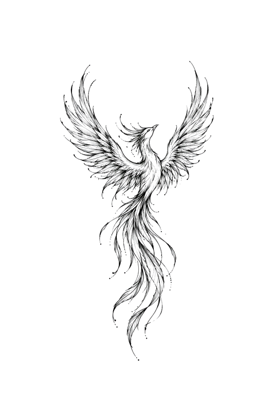 Delicate fine line-tatoeage van een rijzende feniks