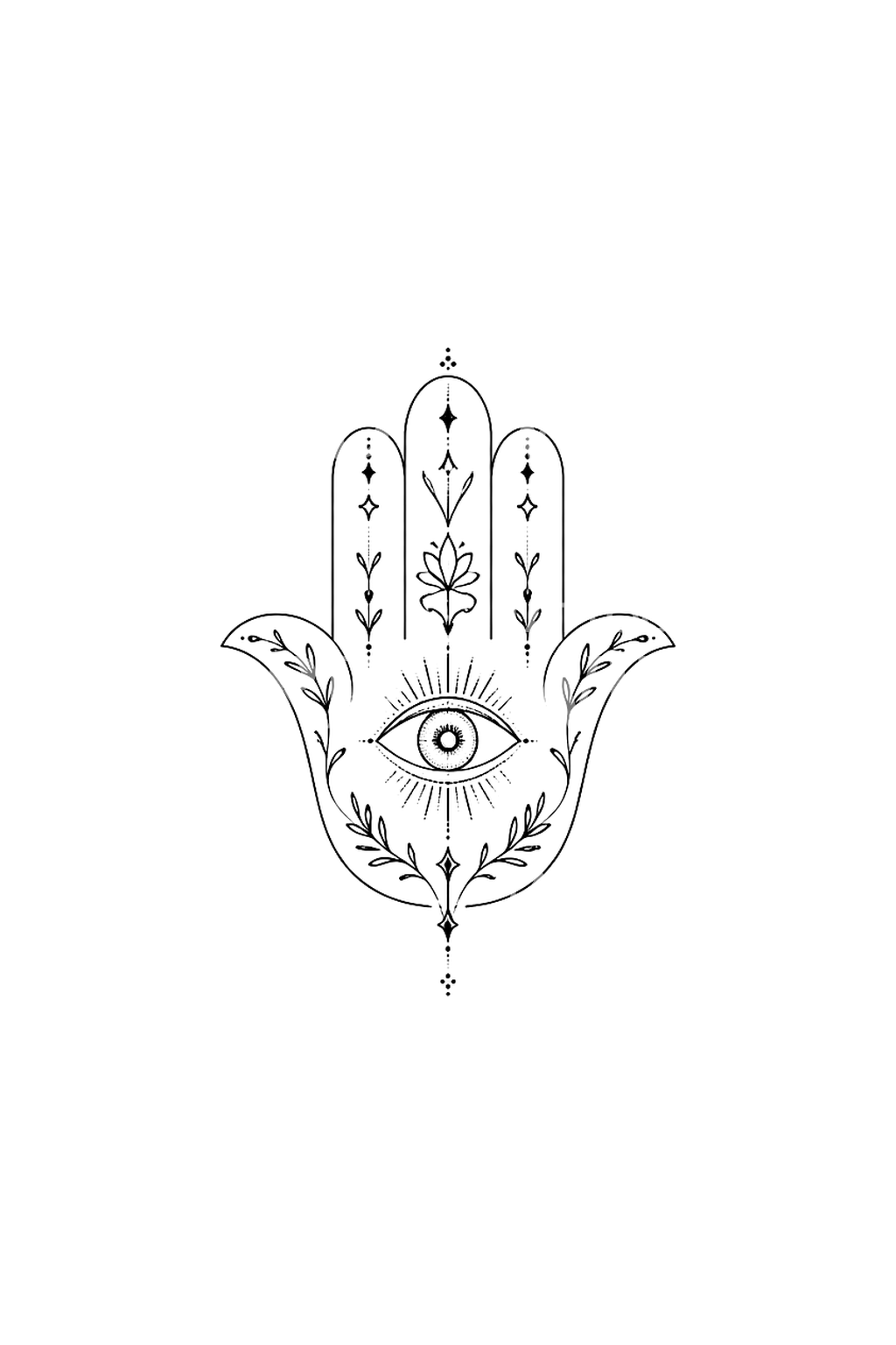 Fijne Hamsa-hand met boze oog, fine line-tatoeage