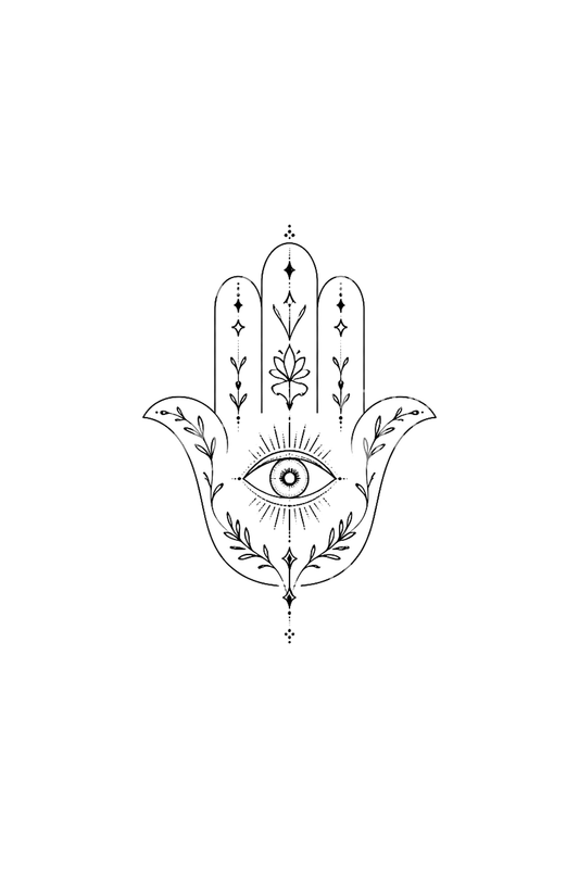 Fijne Hamsa-hand met boze oog, fine line-tatoeage