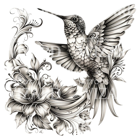 Delicate Hummingbird with Flowers Tattoo Design
