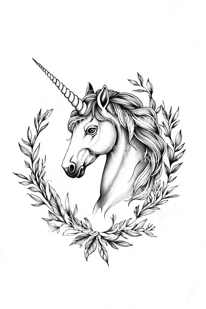 Zarte Lorbeer-Einhorn-Tattoo-Idee