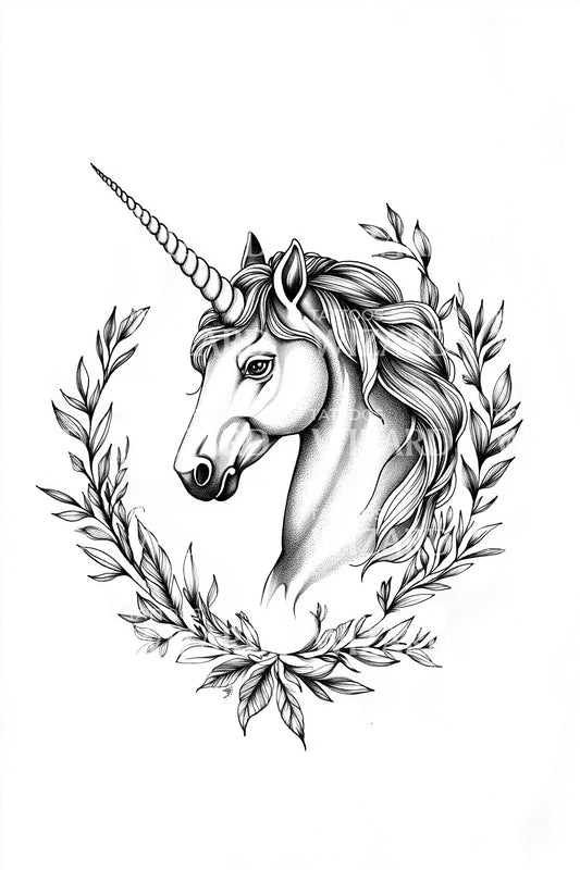 Zarte Lorbeer-Einhorn-Tattoo-Idee