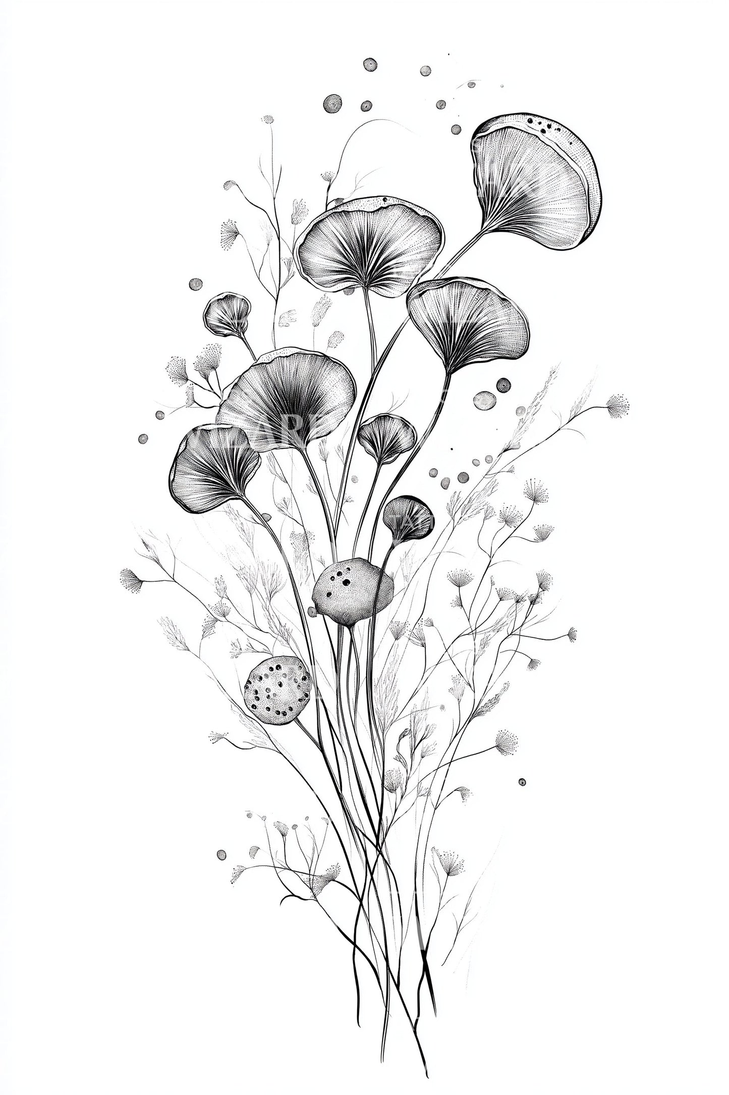 Delicate Mushroom Bouquet Tattoo Illustration