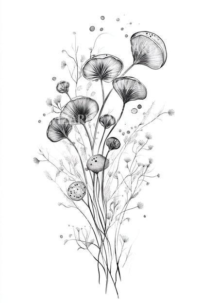 Delicate Mushroom Bouquet Tattoo Illustration