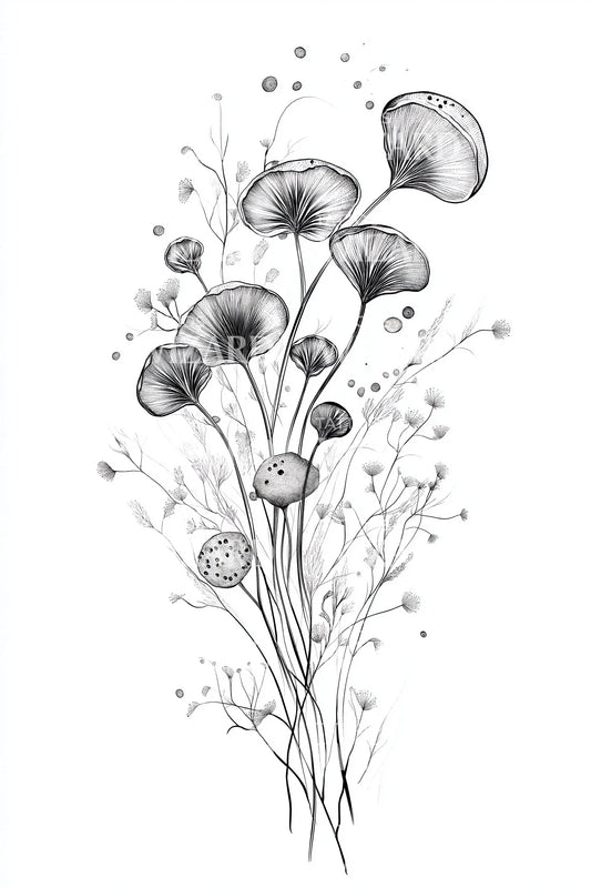 Delicate Mushroom Bouquet Tattoo Illustration