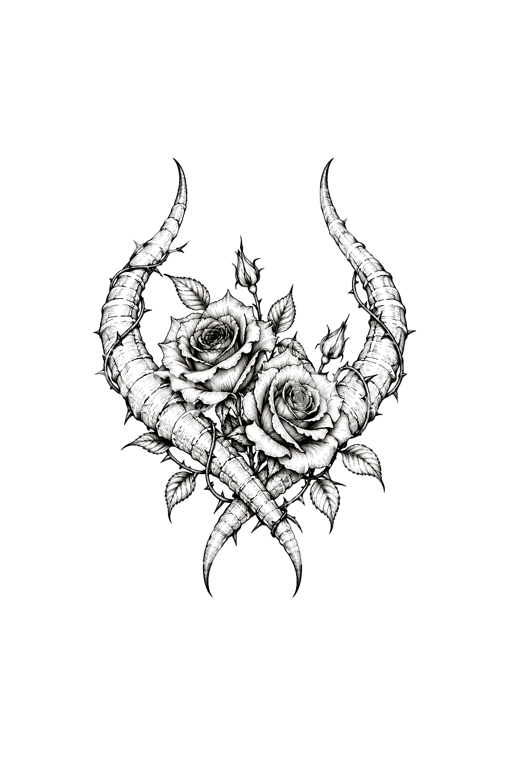 Hienoviivainen tatuointi demonin sarvista ja ruusuista