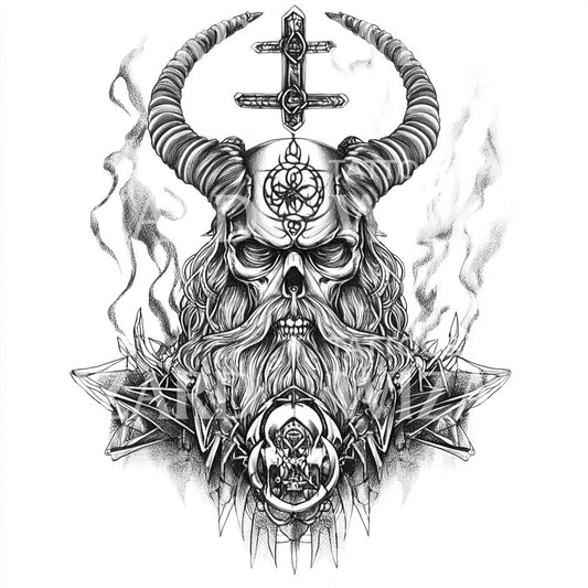 Demonic Necromancer Head Tattoo Design in Blackwork