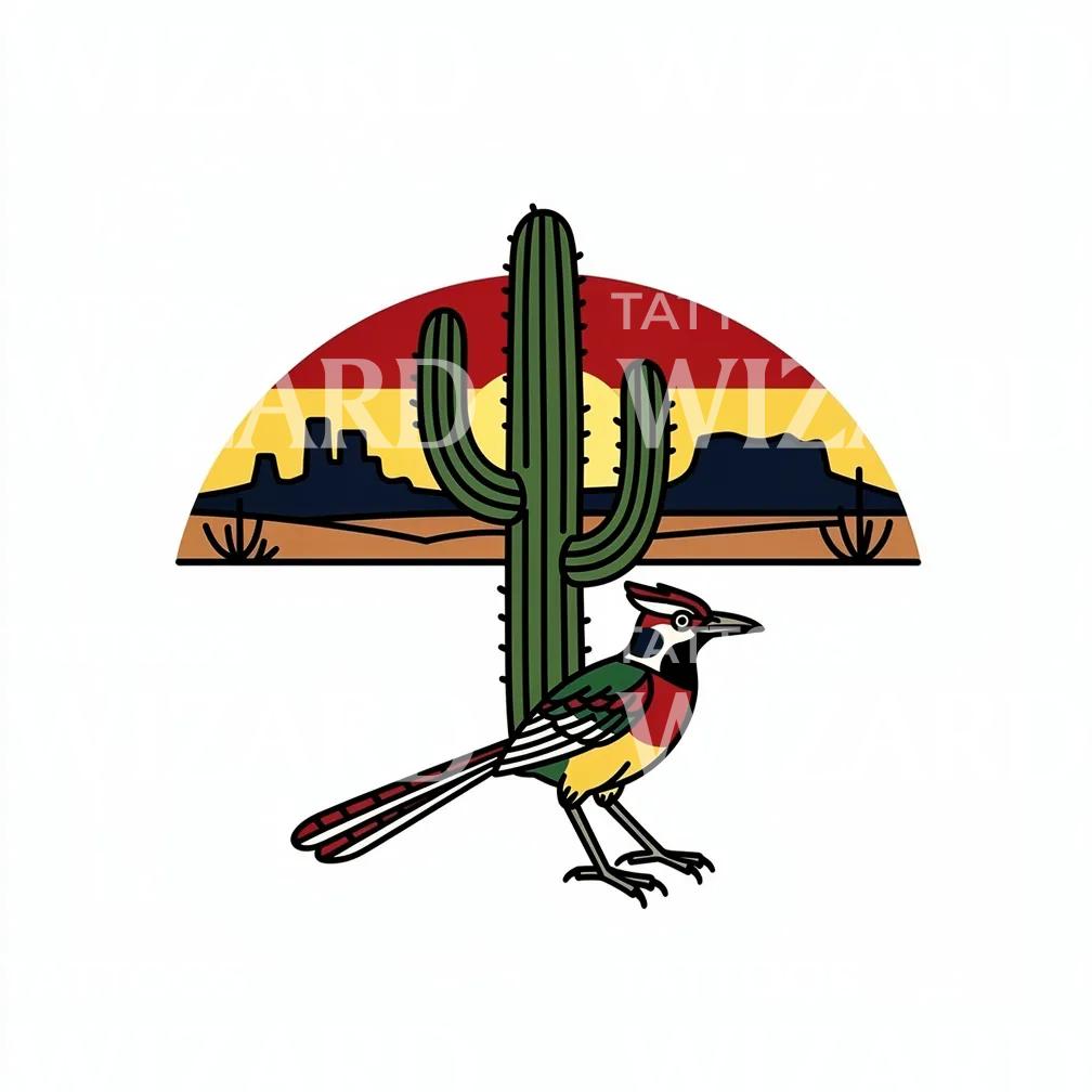 Desert Cactus Roadrunner Tattoo Design