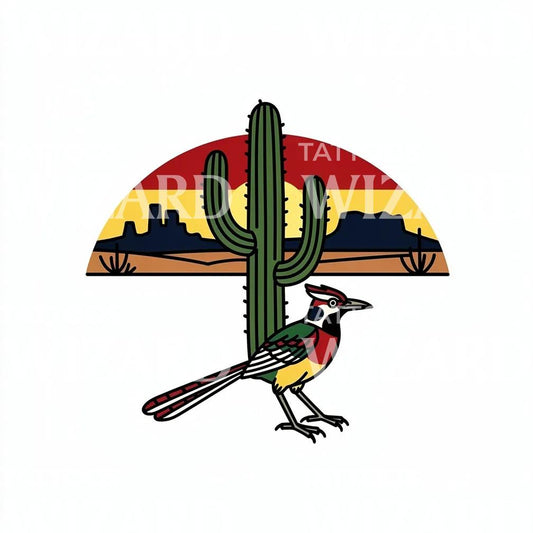 Design tattoo cactus del deserto e roadrunner