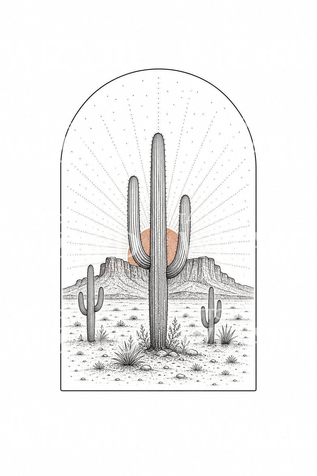 Desert Cactus Scene Fine Line Tattoo Design
