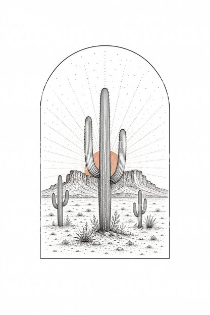 Desert Cactus Scene Fine Line Tattoo Design