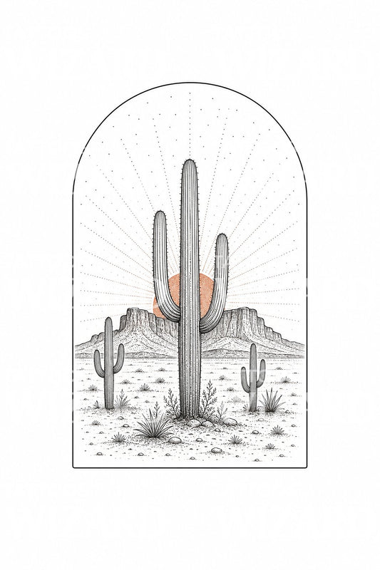 Diseño de tatuaje fine line con escena de cactus del desierto