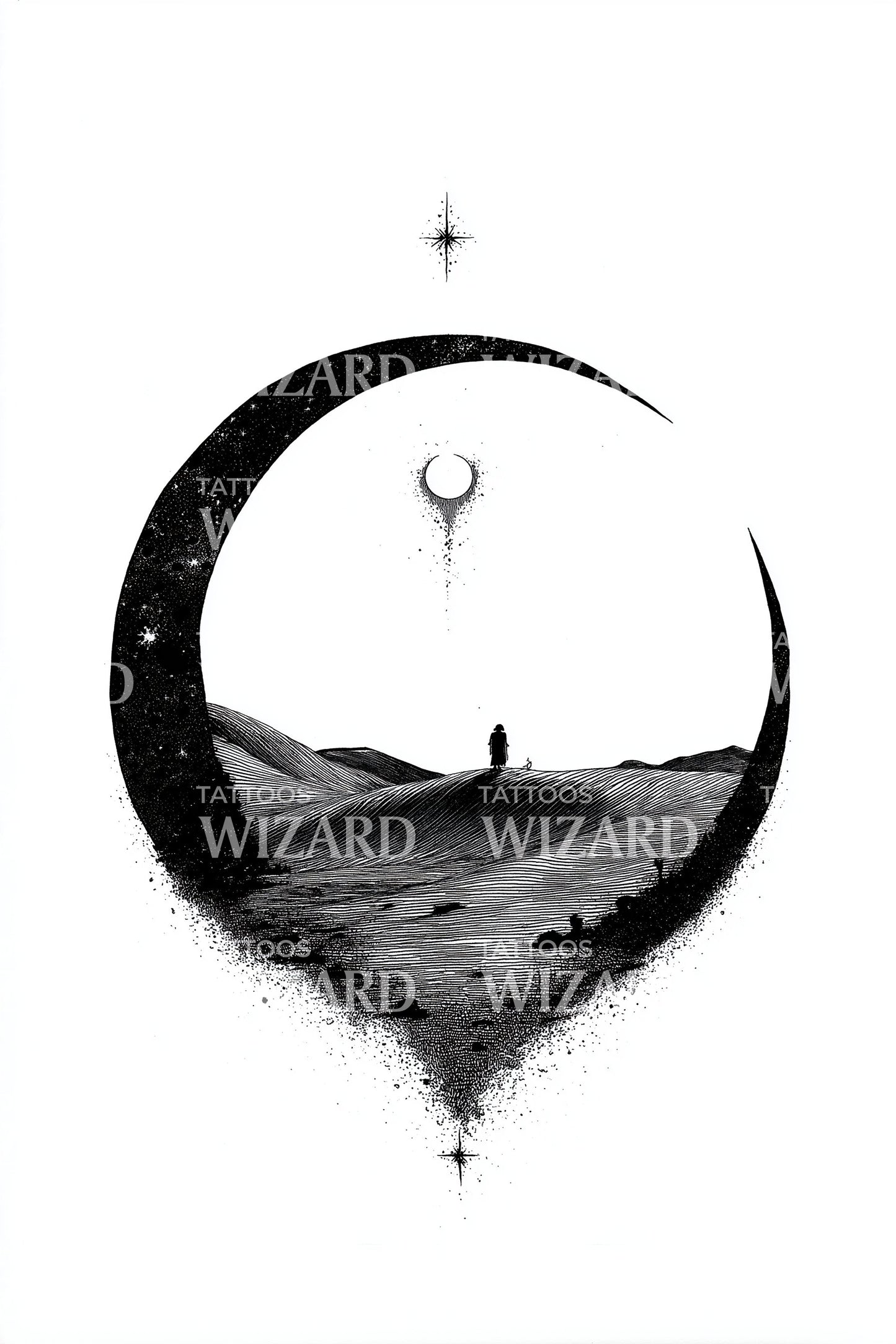 Desert Crescent Wanderer Tattoo Design