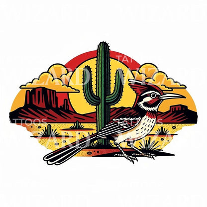 Desert Roadrunner Tattoo Illustration