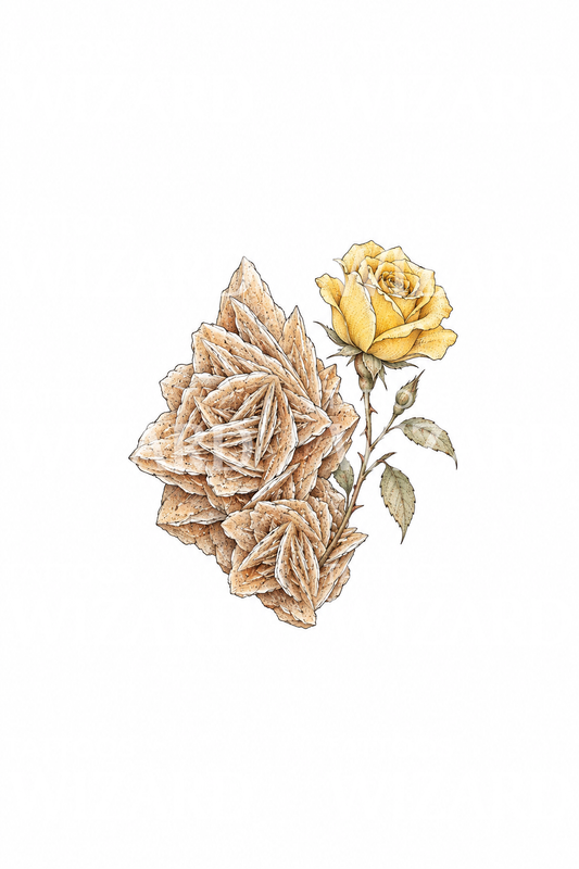 Ørkenrosekrystall med gul rose som fine line-tatovering