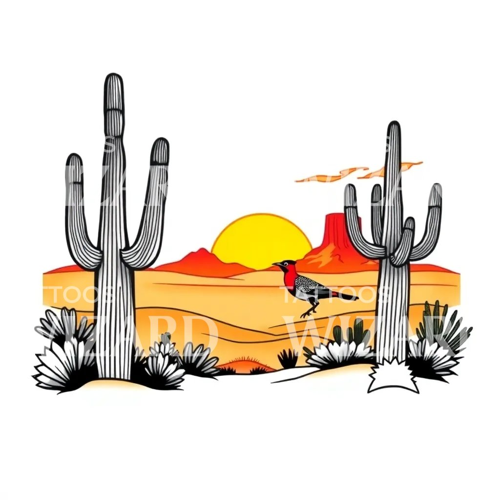 Desert Sunset Bird Tattoo Illustration