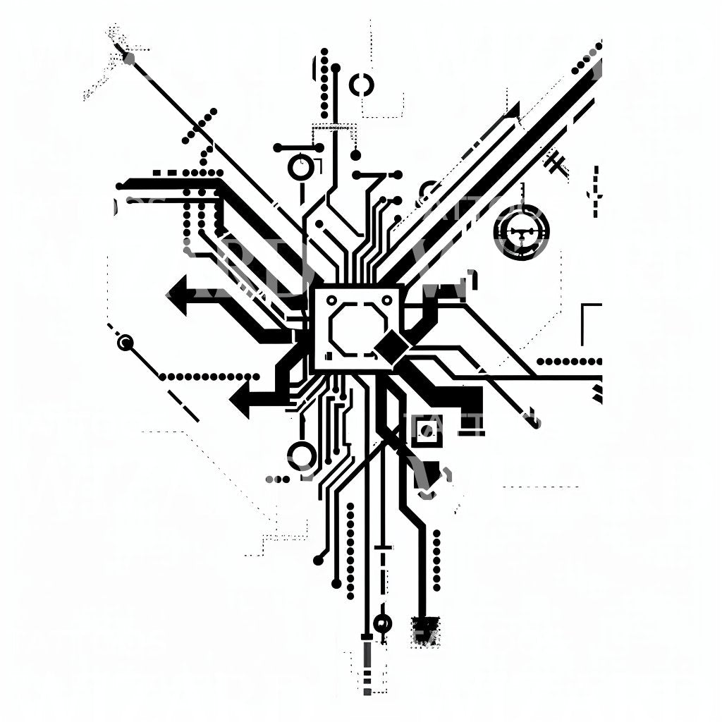 Detailed Circuit Board Geometric Fusion Tattoo Illustration