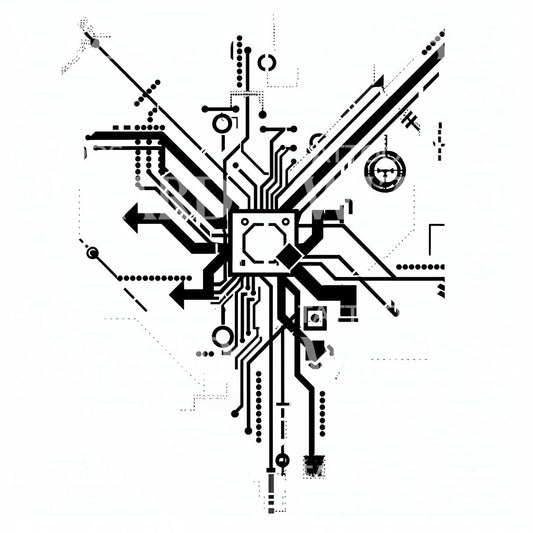 Detailed Circuit Board Geometric Fusion Tattoo Illustration