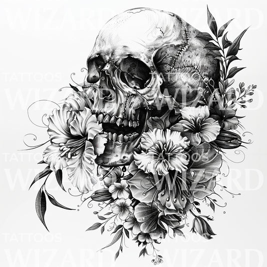 Detailliertes Totenkopf- und Tropenblumen-Tattoo-Design