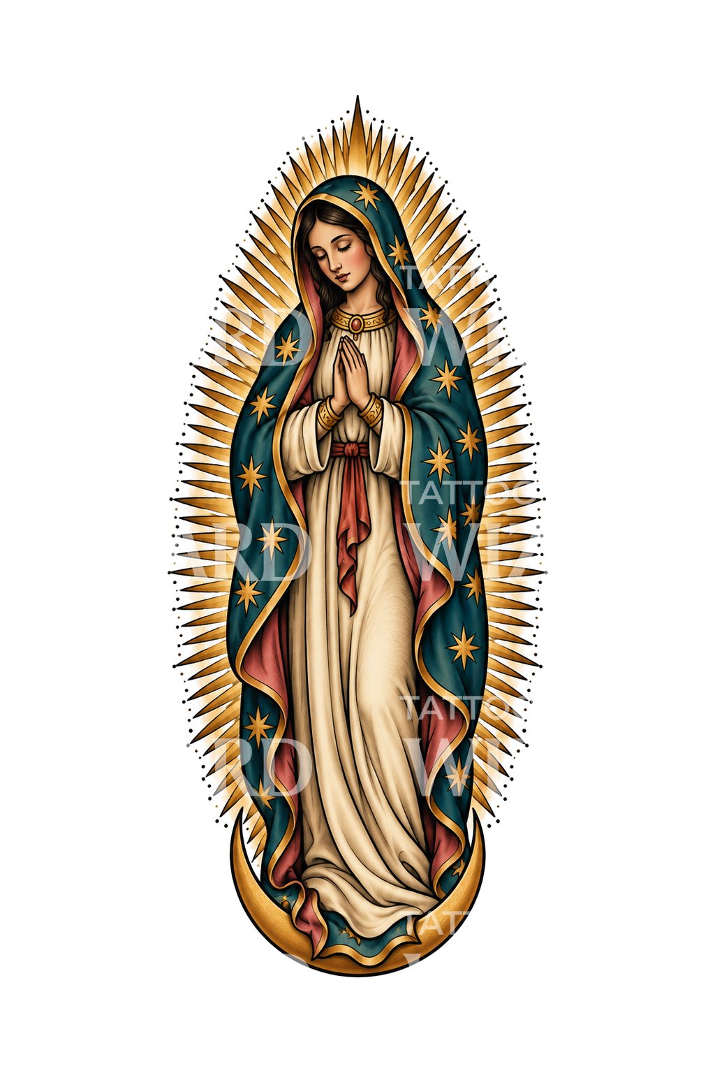 Diseño de tatuaje devocional de Madonna con rayos dorados