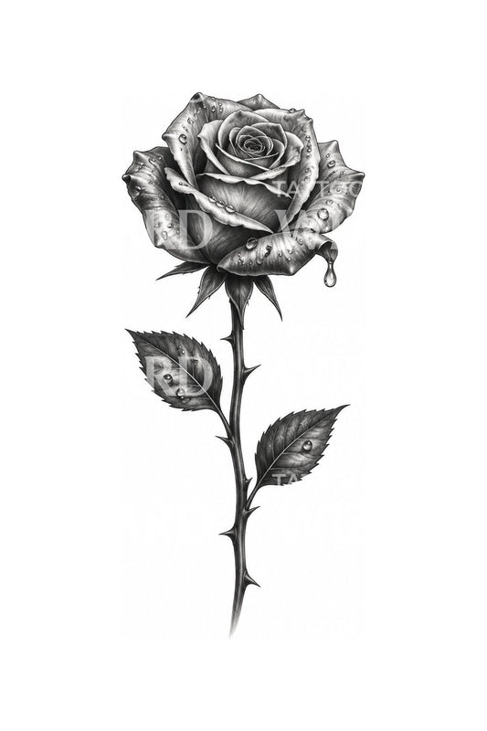 Dew Beaded Long Stem Rose Tattoo Design