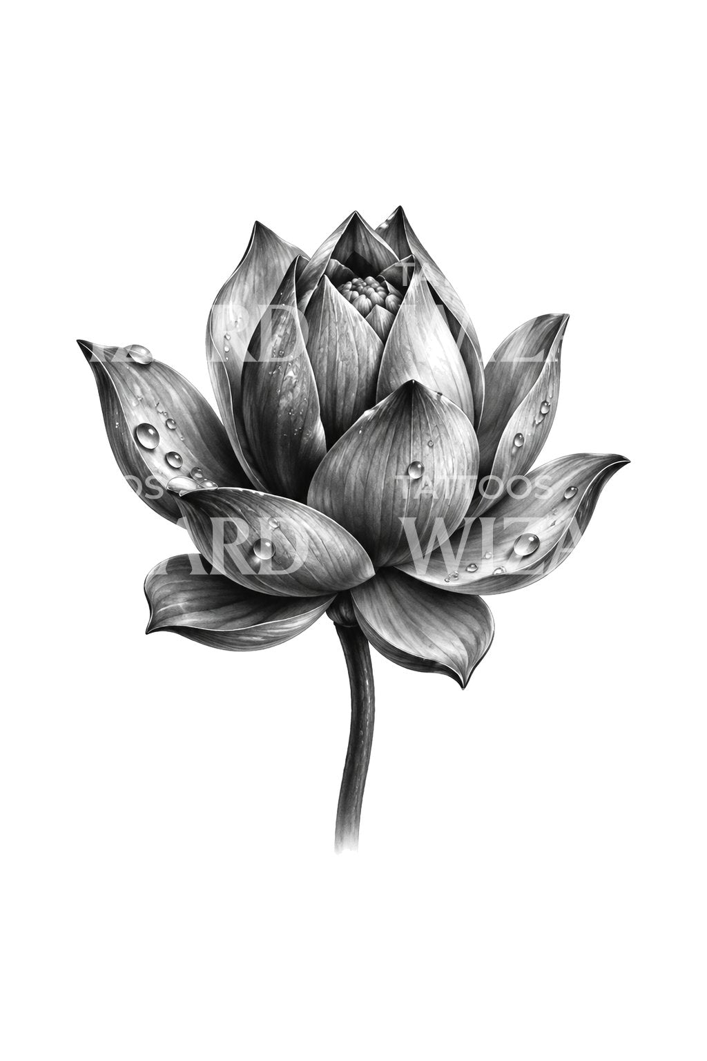 Lotus med daggdropp i svart och grått
