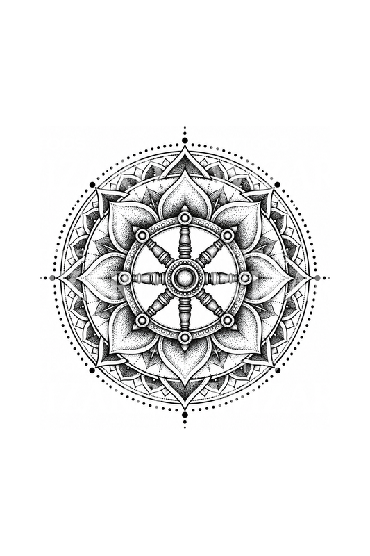 Desenho de tatuagem da roda do Dharma com mandala de lótus