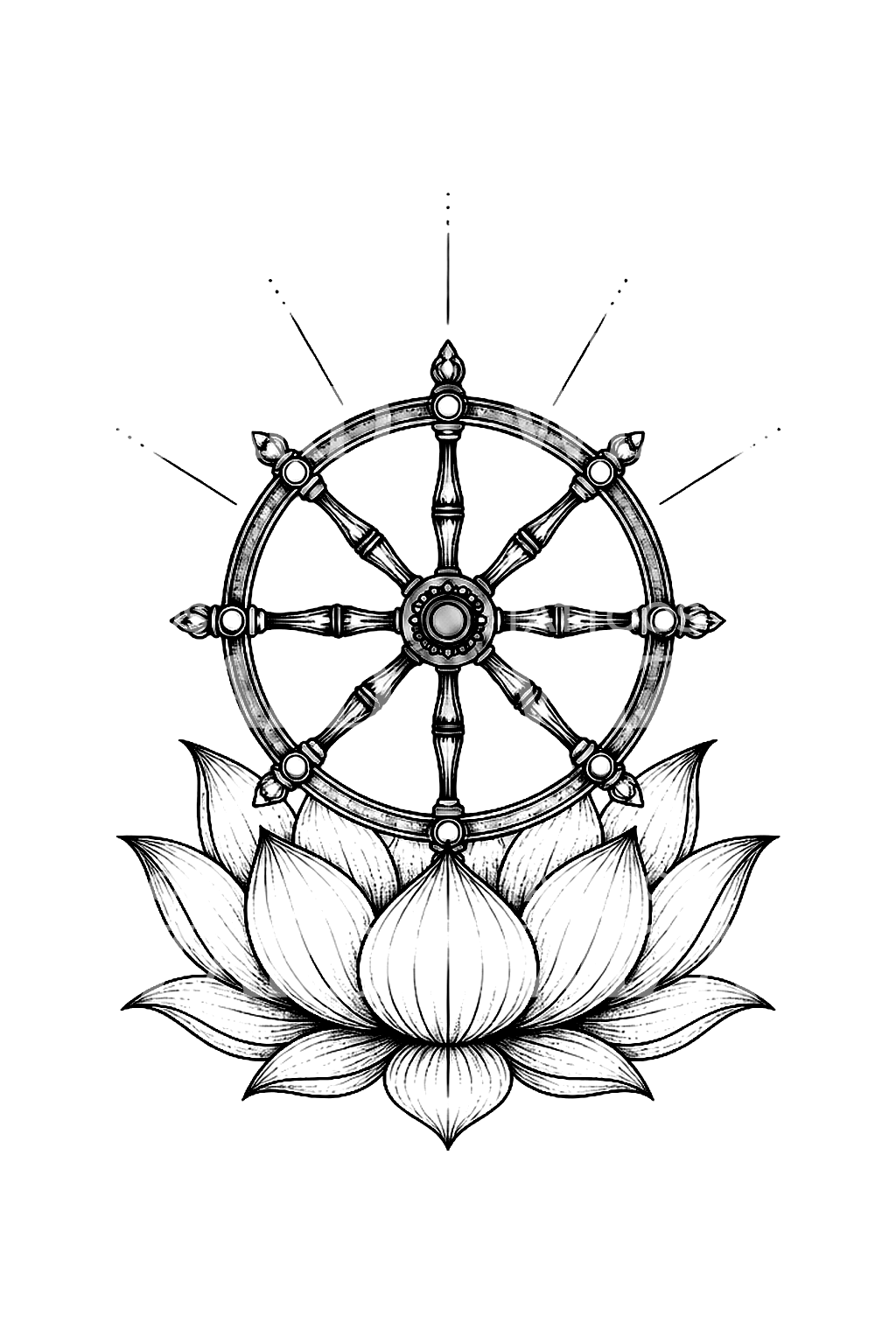 Dharmahjul på lotus, buddhistisk fine line-tatuering