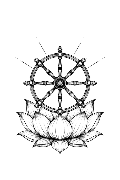 Dharmahjul på lotus, buddhistisk fine line-tatuering