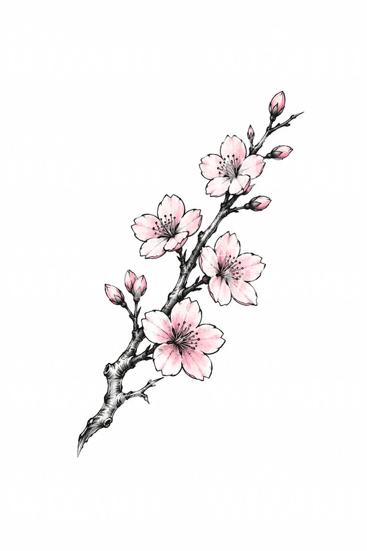 Diagonal Sakura Twig Pen Sketch Tattoo Design