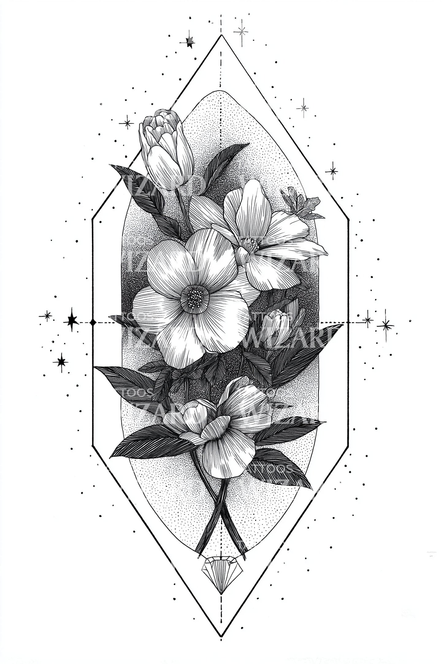 Diamond Floral Crystal Tattoo Design