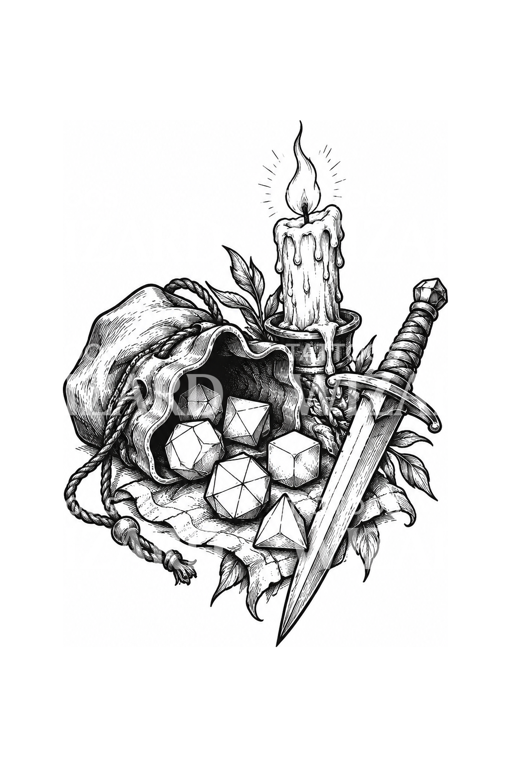 Dice Bag Candle and Dagger RPG Sketch Tattoo