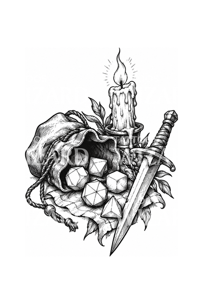 Dice Bag Candle and Dagger RPG Sketch Tattoo