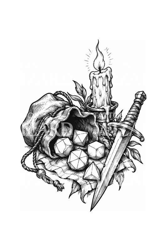 Dice Bag Candle and Dagger RPG Sketch Tattoo