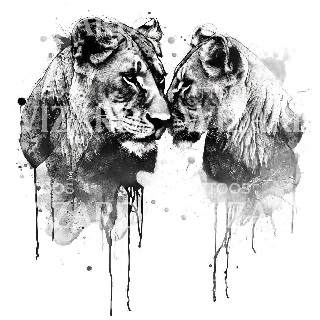 Schwarzes und graues Tattoo mit zwei Löwinnen