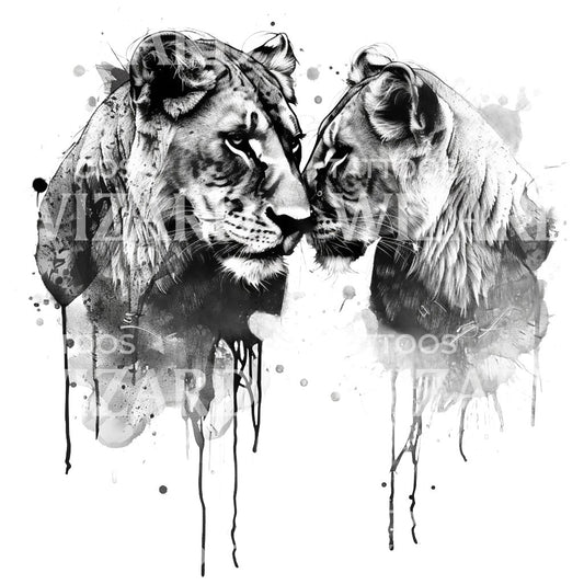 Conception de tatouage noir et gris de deux lionnes