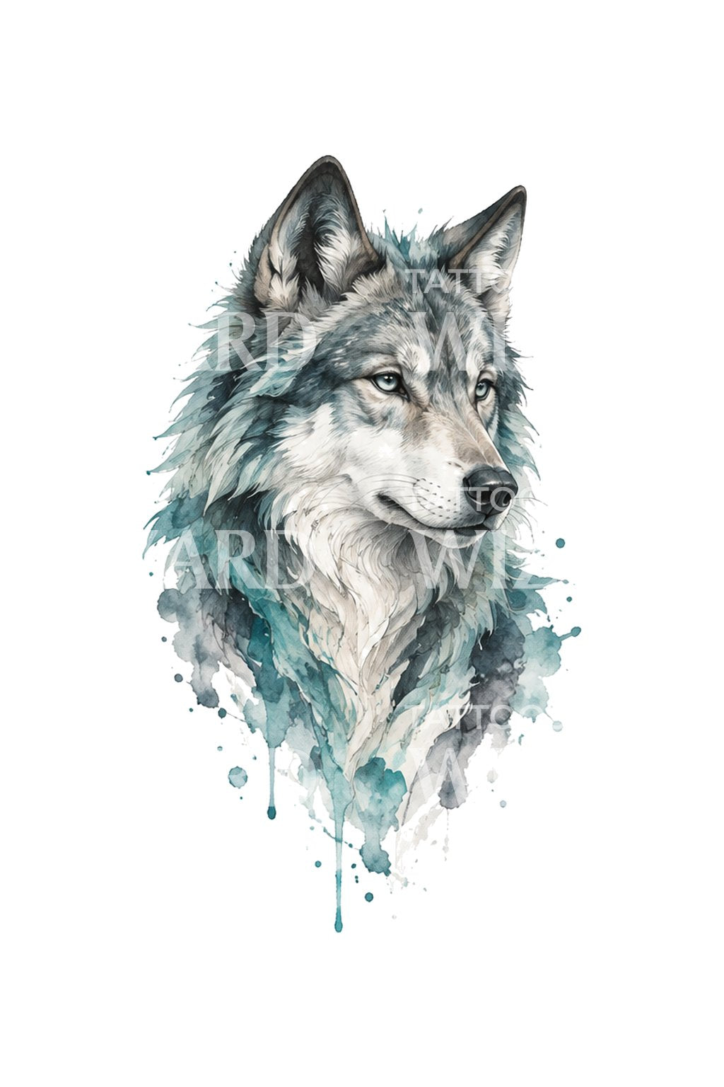 Lobo turquesa que se disuelve, diseño de tatuaje en acuarela