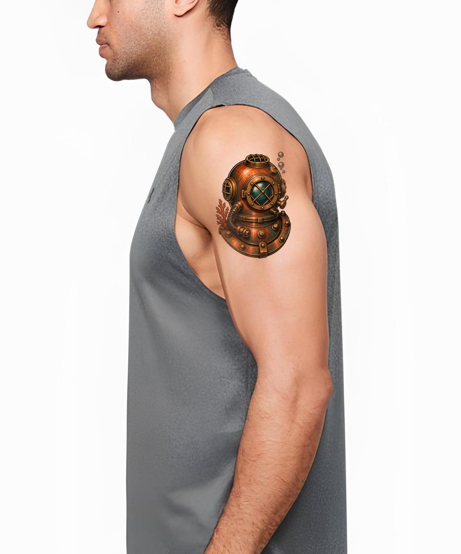 Neo traditional tatueringsdesign med dykhjälm