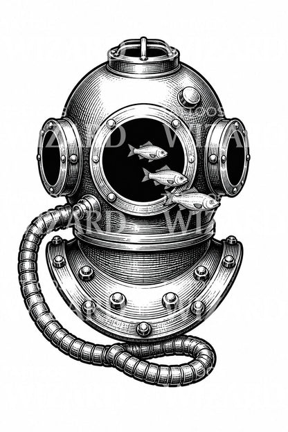 Diving Helmet with Fish Tattoo Design
