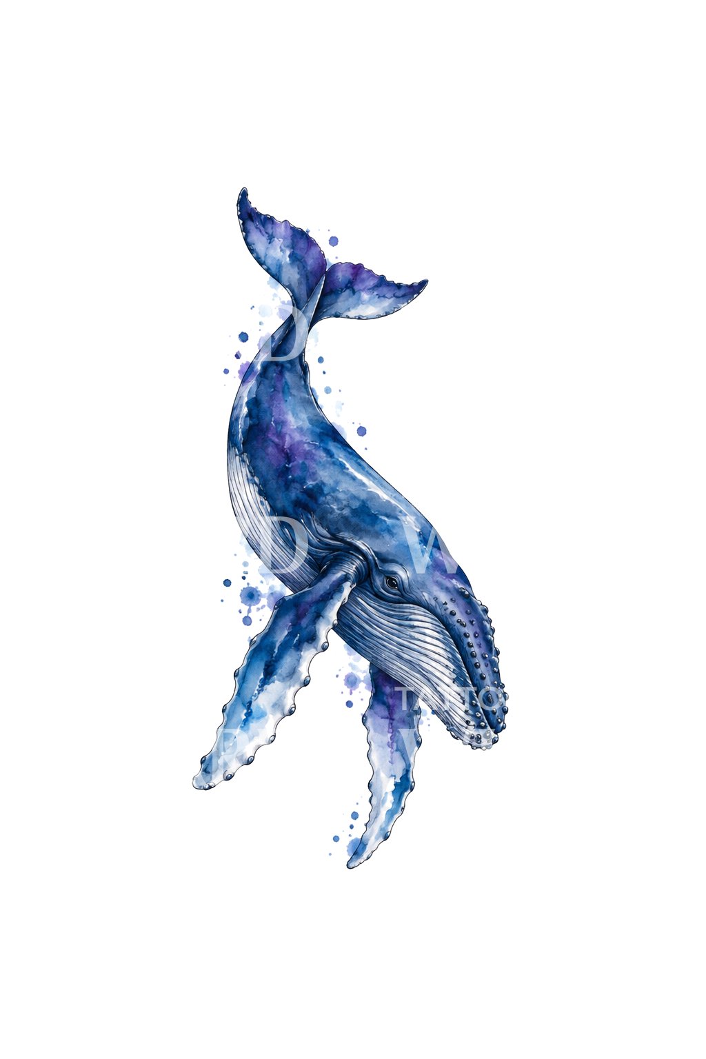 Diving Humpback Indigo Violet Watercolor Tattoo Illustration