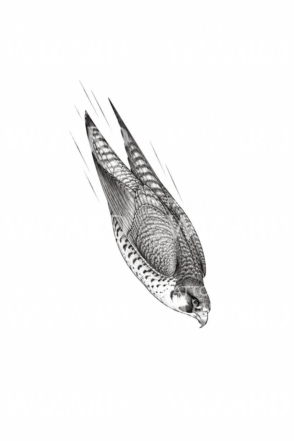 Tatuagem fine line de falcão-peregrino em voo picado